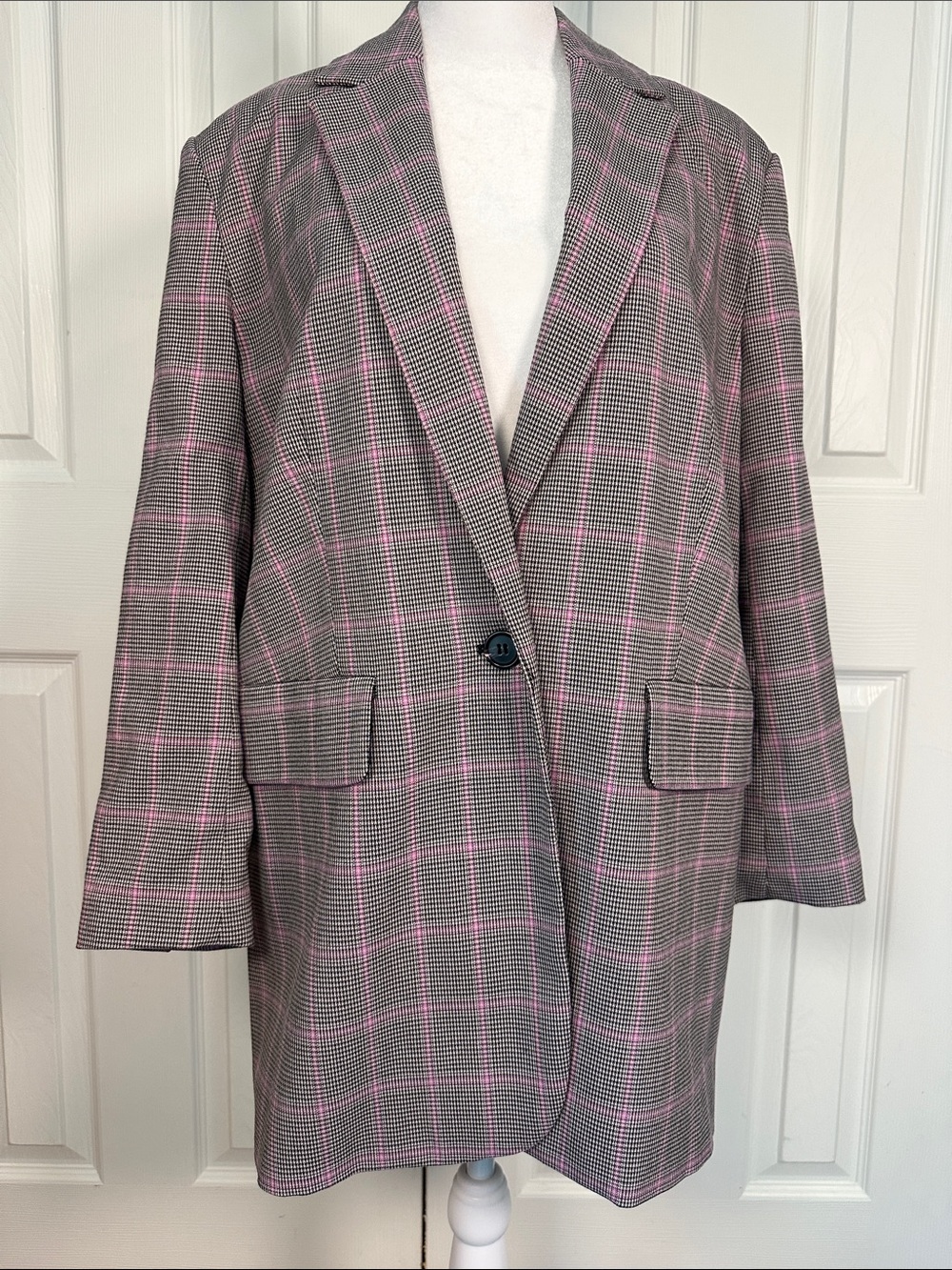 Long Classic Gray Plaid Blazer with Pink Windowpane